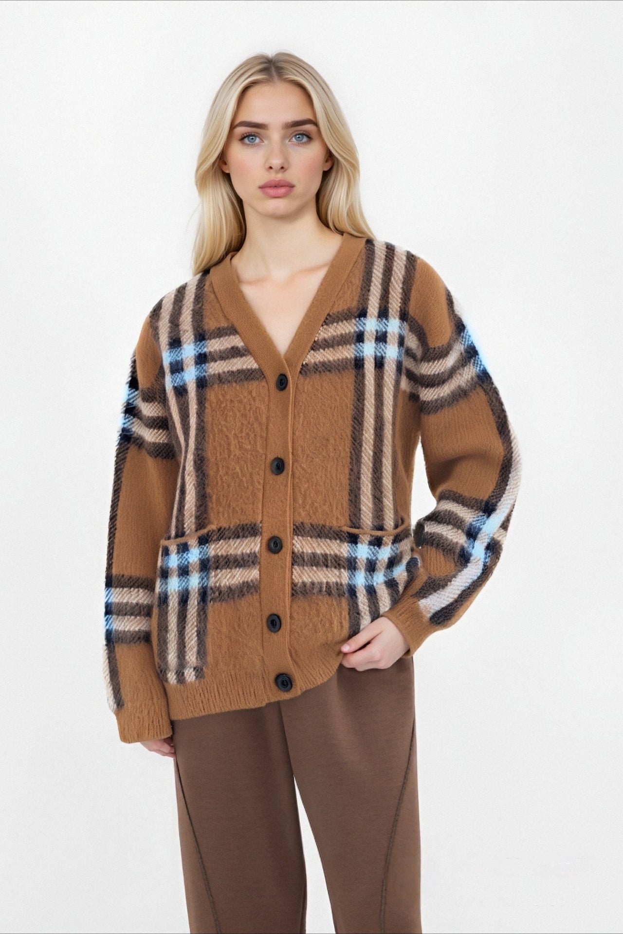 Plaid Retro Loose Plus Size V Neck Knit Cardigan