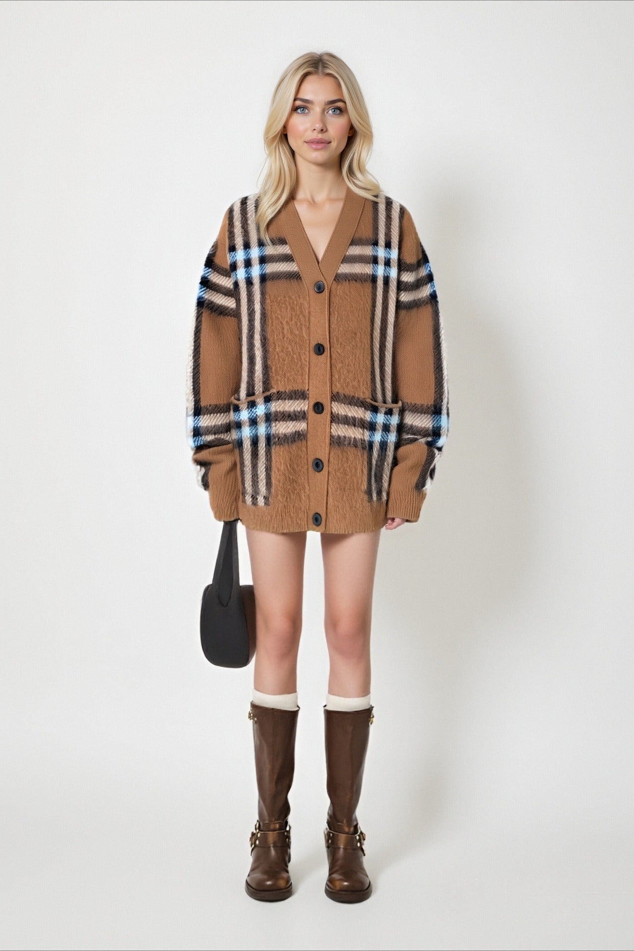 Plaid Retro Loose Plus Size V Neck Knit Cardigan