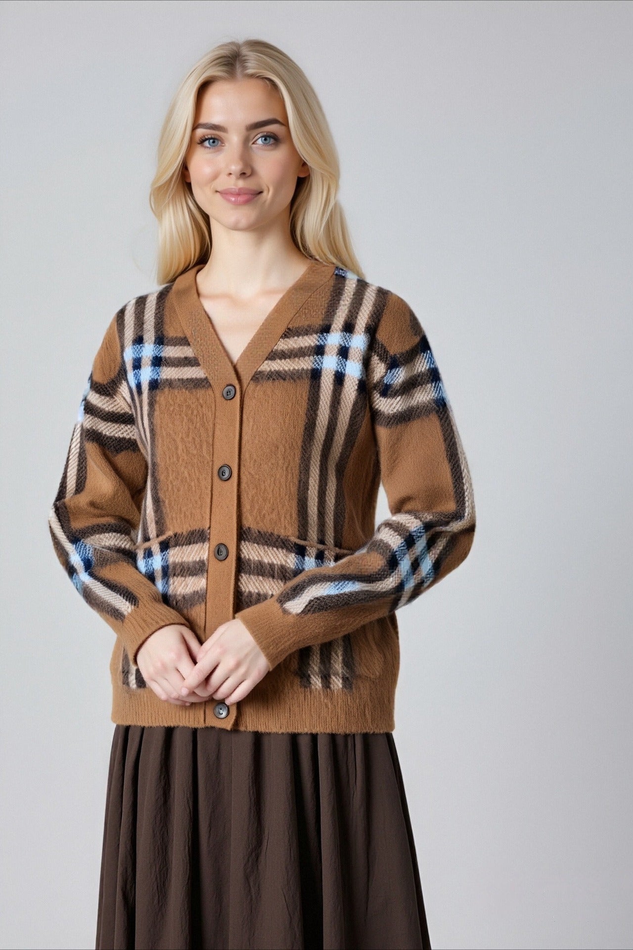 Plaid Retro Loose Plus Size V Neck Knit Cardigan